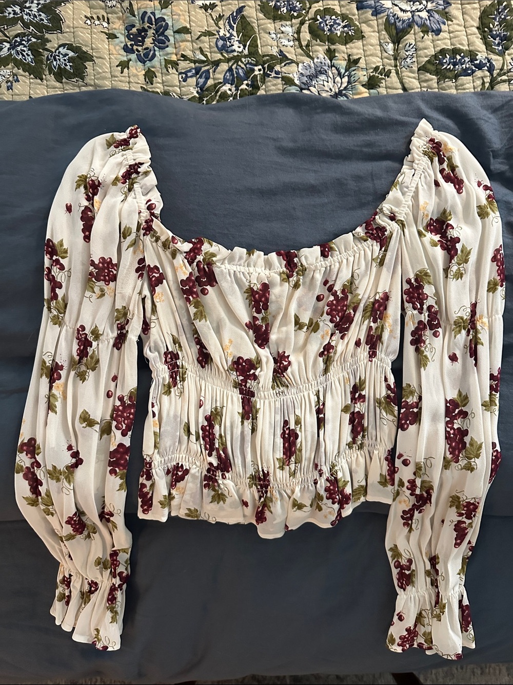 Reformation White Peasant Blouse with Burgundy Fruit Print